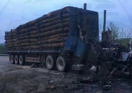 На трассе в Приморье сгорел лесовоз